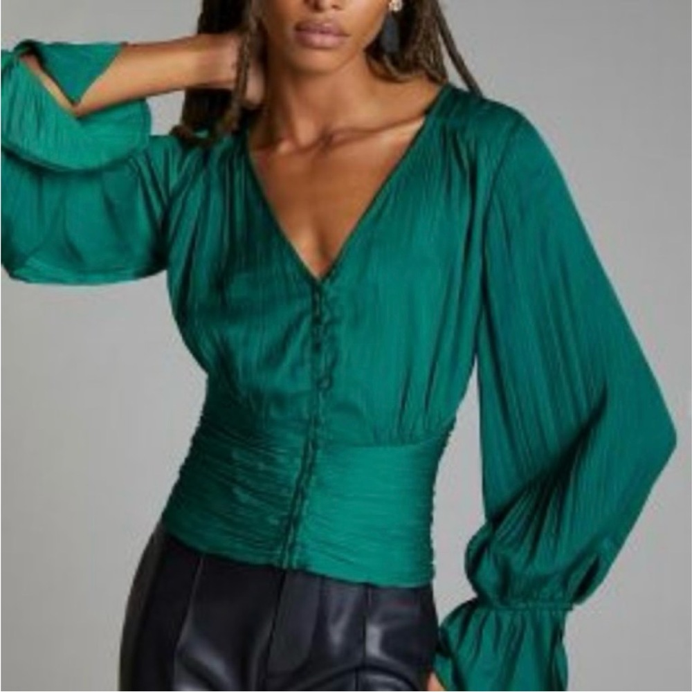 Anthropologie Green Silky Puff Sleeved Satin Emerald Green Smocked